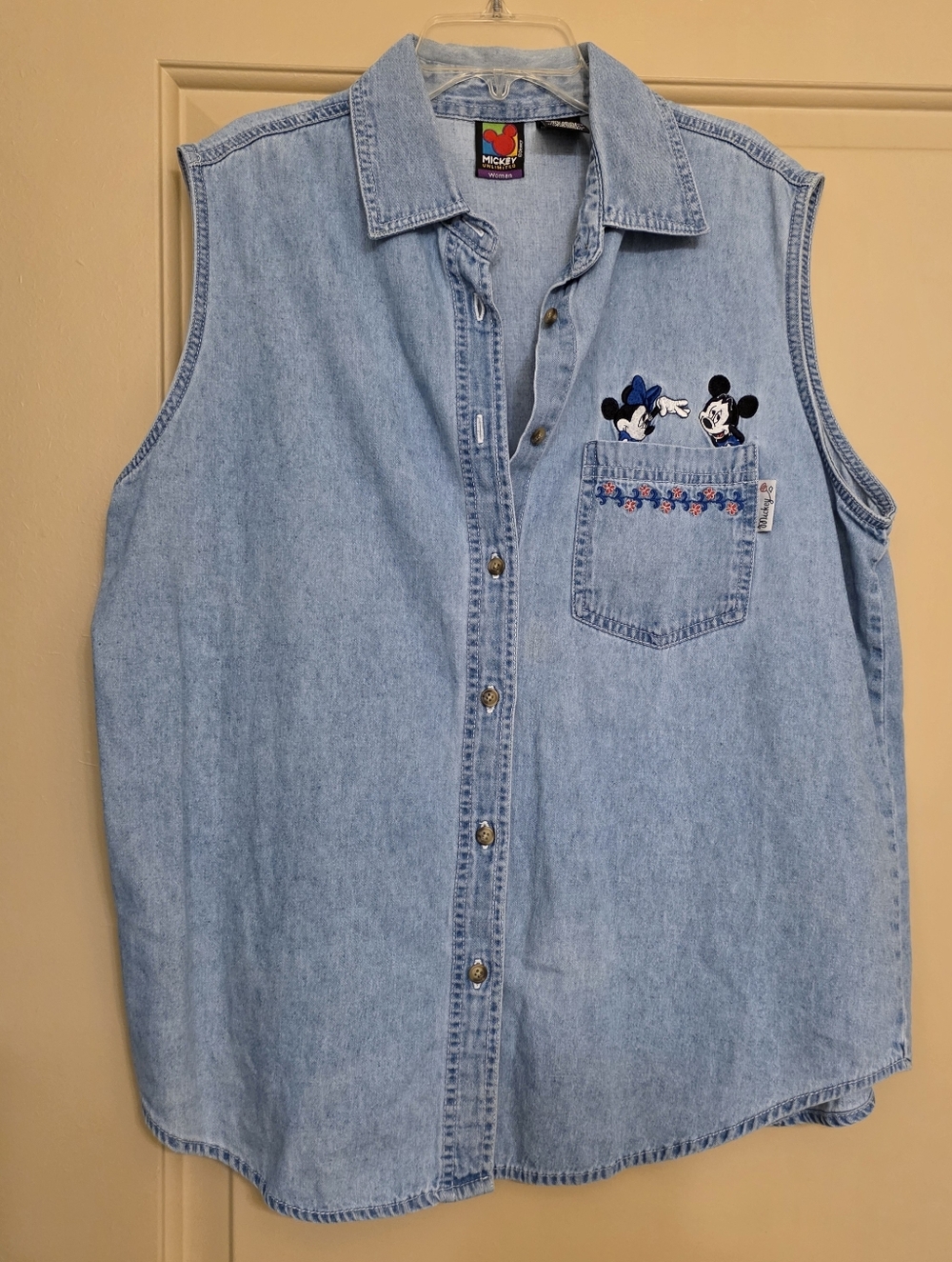 Vintage Mickey Unlimited Womens Denim Embroidered Sleeveless Shirt Top 14/16W